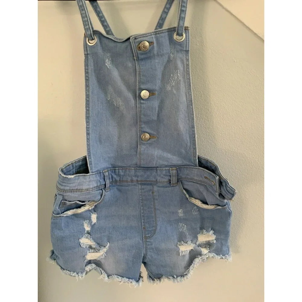 Zara Denim Washed Distressed Overall Jeans  Shorts Girls Teens Sz 13-14